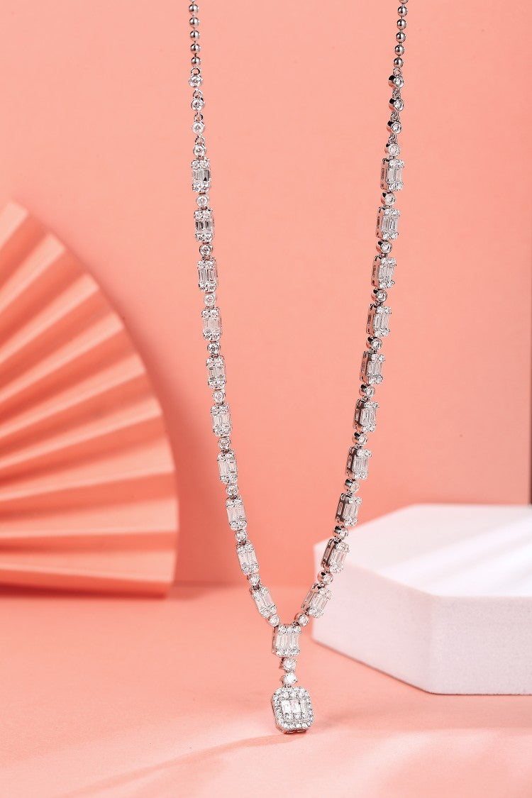 Diamond Encrusted T-Square Pendant Necklace - Premium Jewelry - White Diamond Necklace