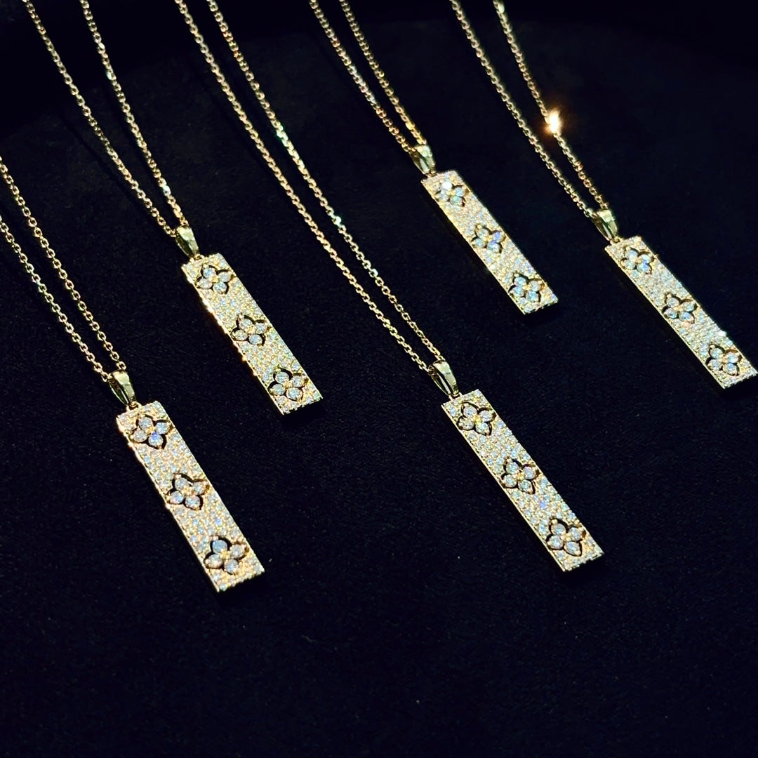 Diamond Pendant with Three Flowers and Four Leaves Design - Unique Jewelry Piece - White Diamond Necklace