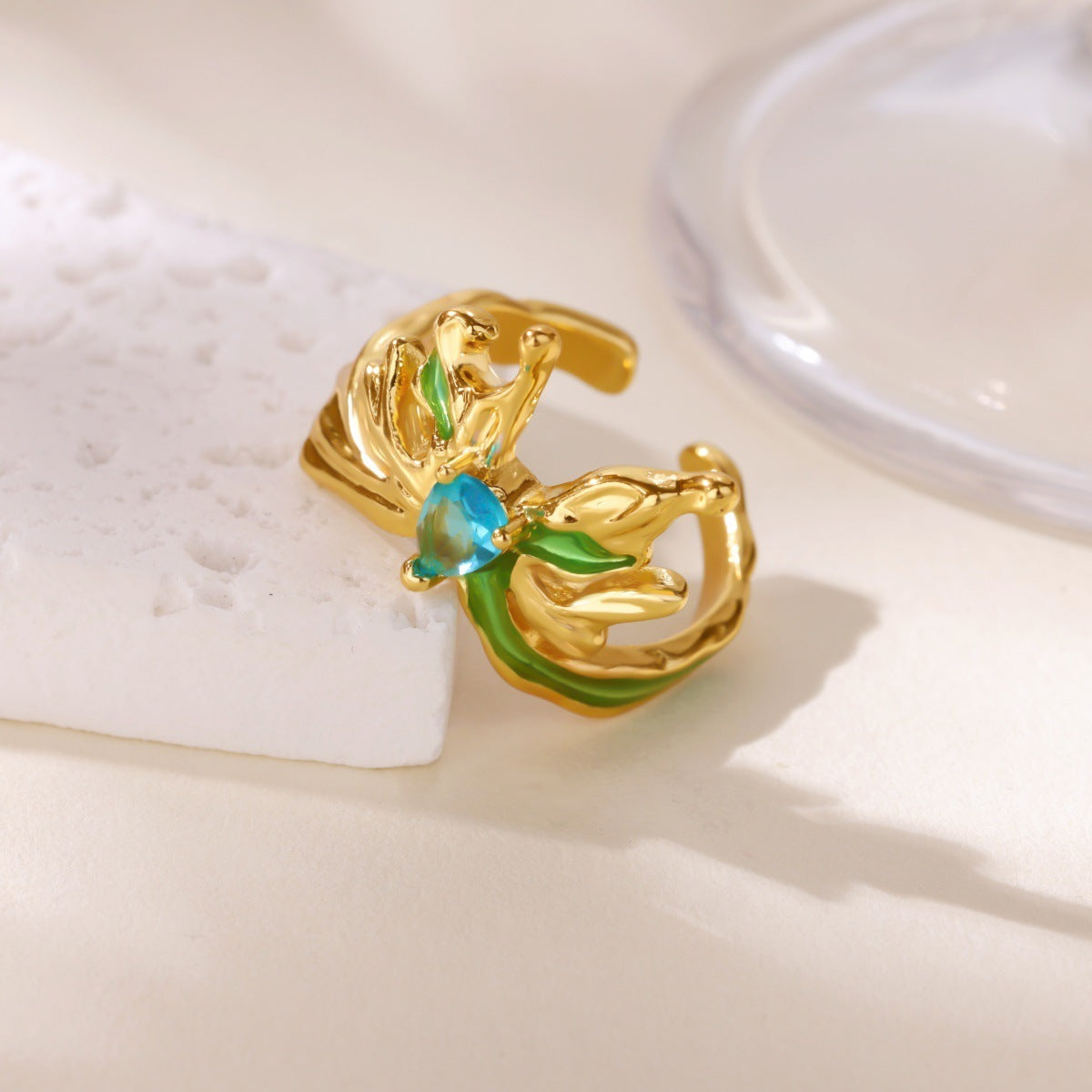 Light Luxury High-end Sense Ice Blue Oil Drop Butterfly Open Ring