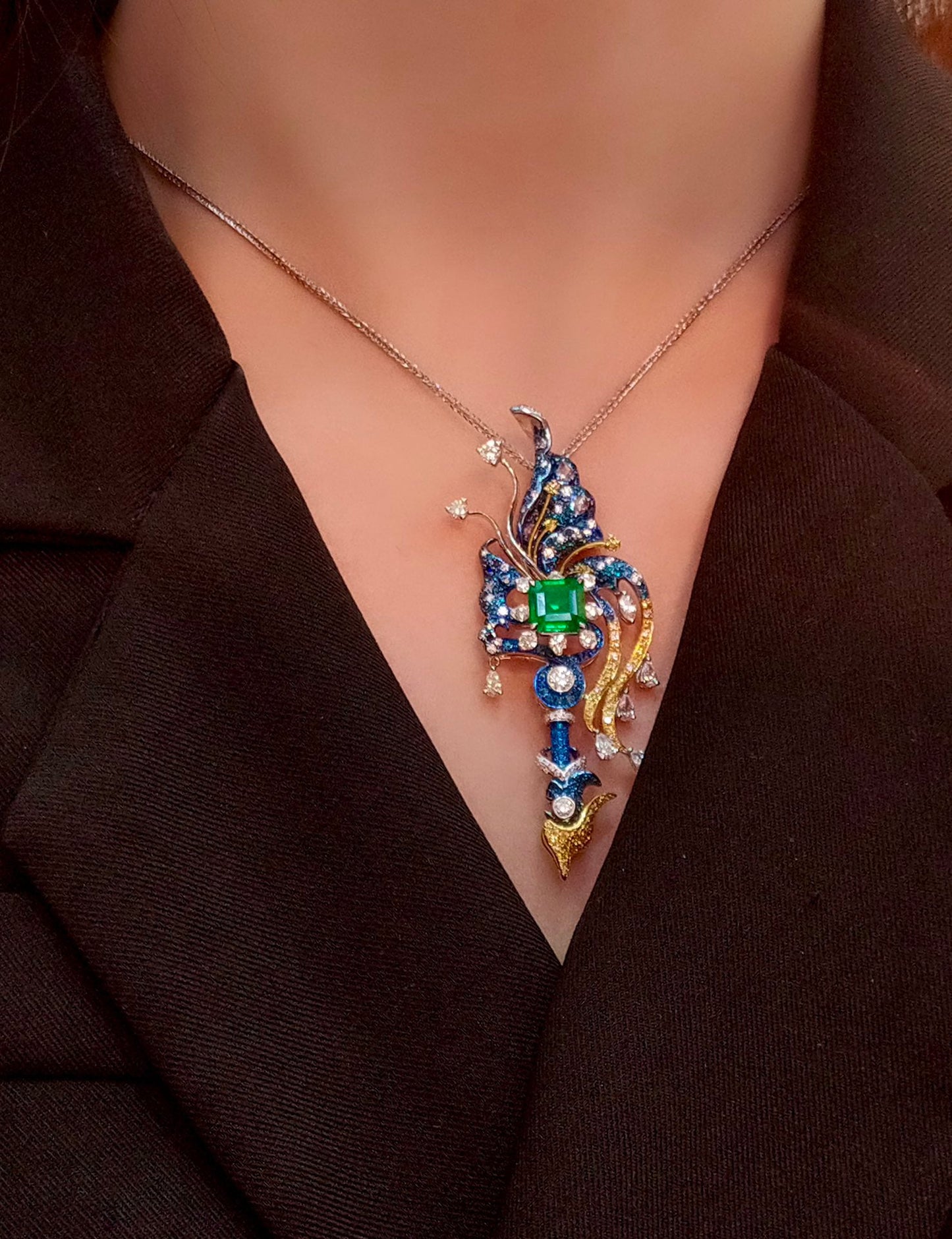 Exquisite Butterfly Jewelry: Emerald and Diamond Pendant-Brooch Jeweler.Jewelry