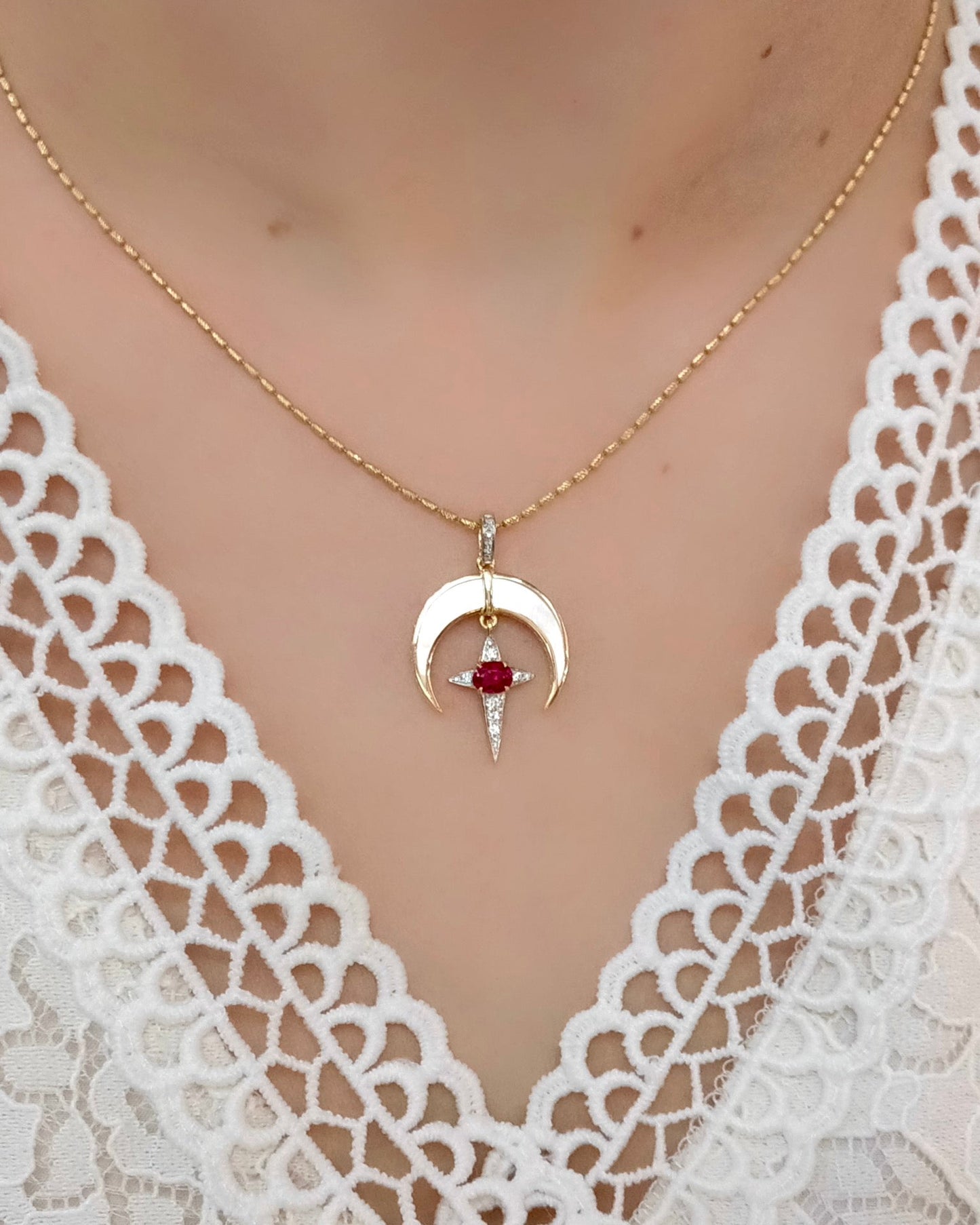 Exquisite Jewelry: Star and Moon Accompany Pendant with Pigeon's Blood Red Ruby Jeweler.Jewelry