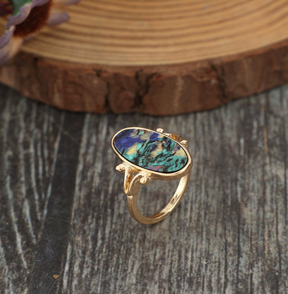 Retro Style Geometric Ring Inlaid Color Abalone Shell Personality Alloy Ring