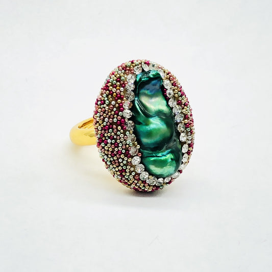 Pearl Ring Hand Inlaid With Color