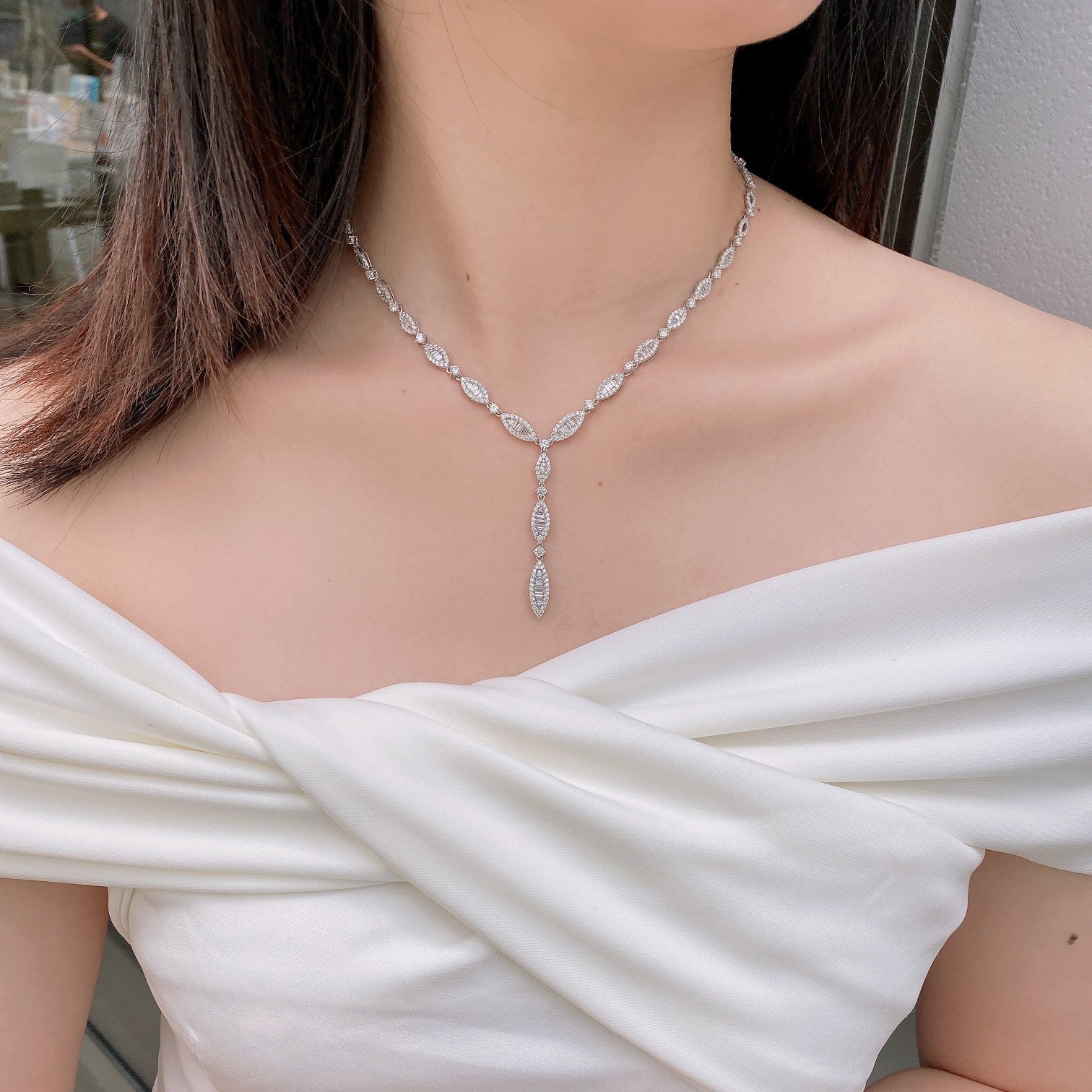 Marquise-Cut Diamond Cluster Pendant Necklace - Luxurious Jewelry - White Diamond Necklace