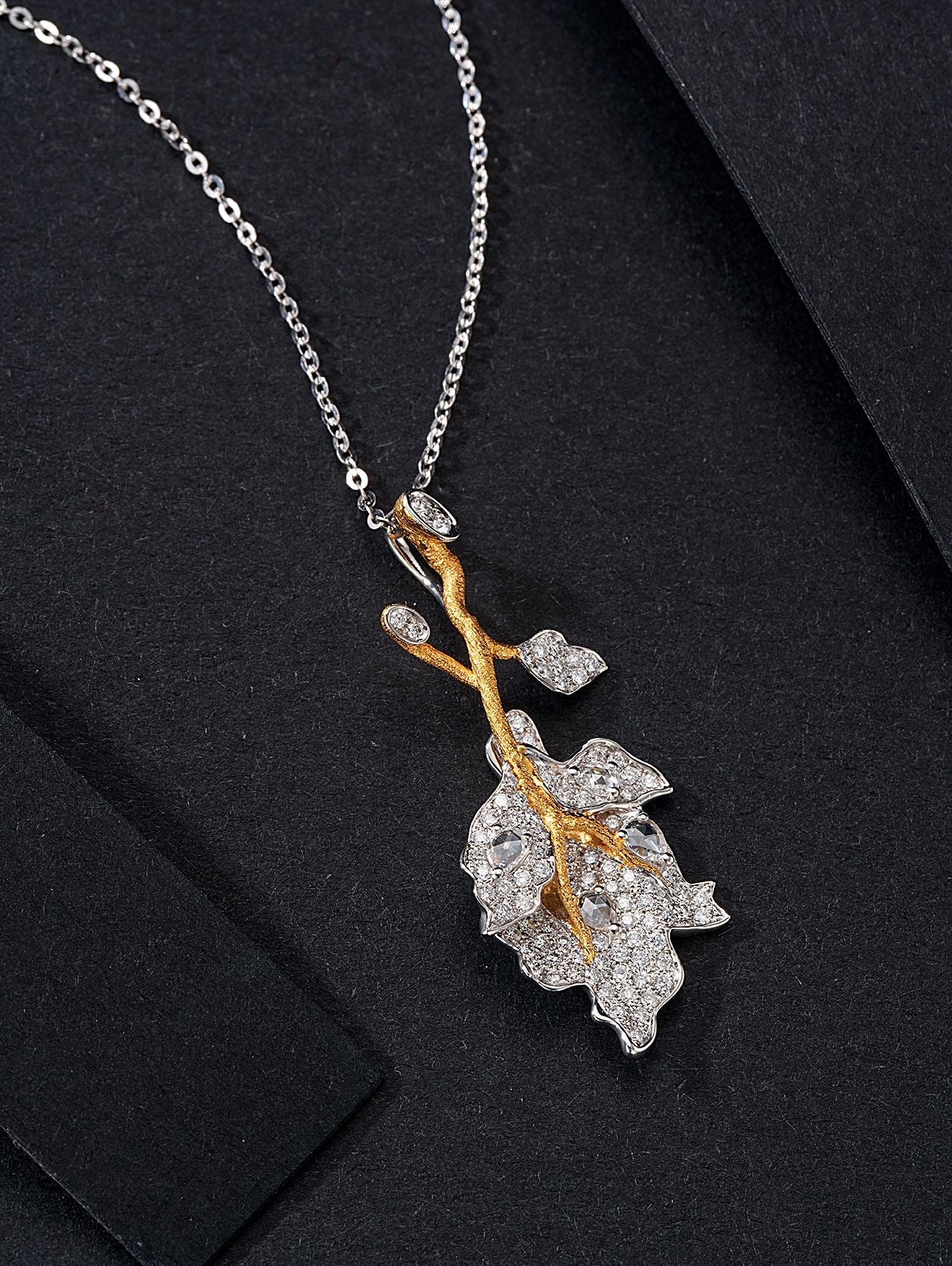 Rose Leaf Pendant Jewelry with Diamond Accent - White Diamond Pendant