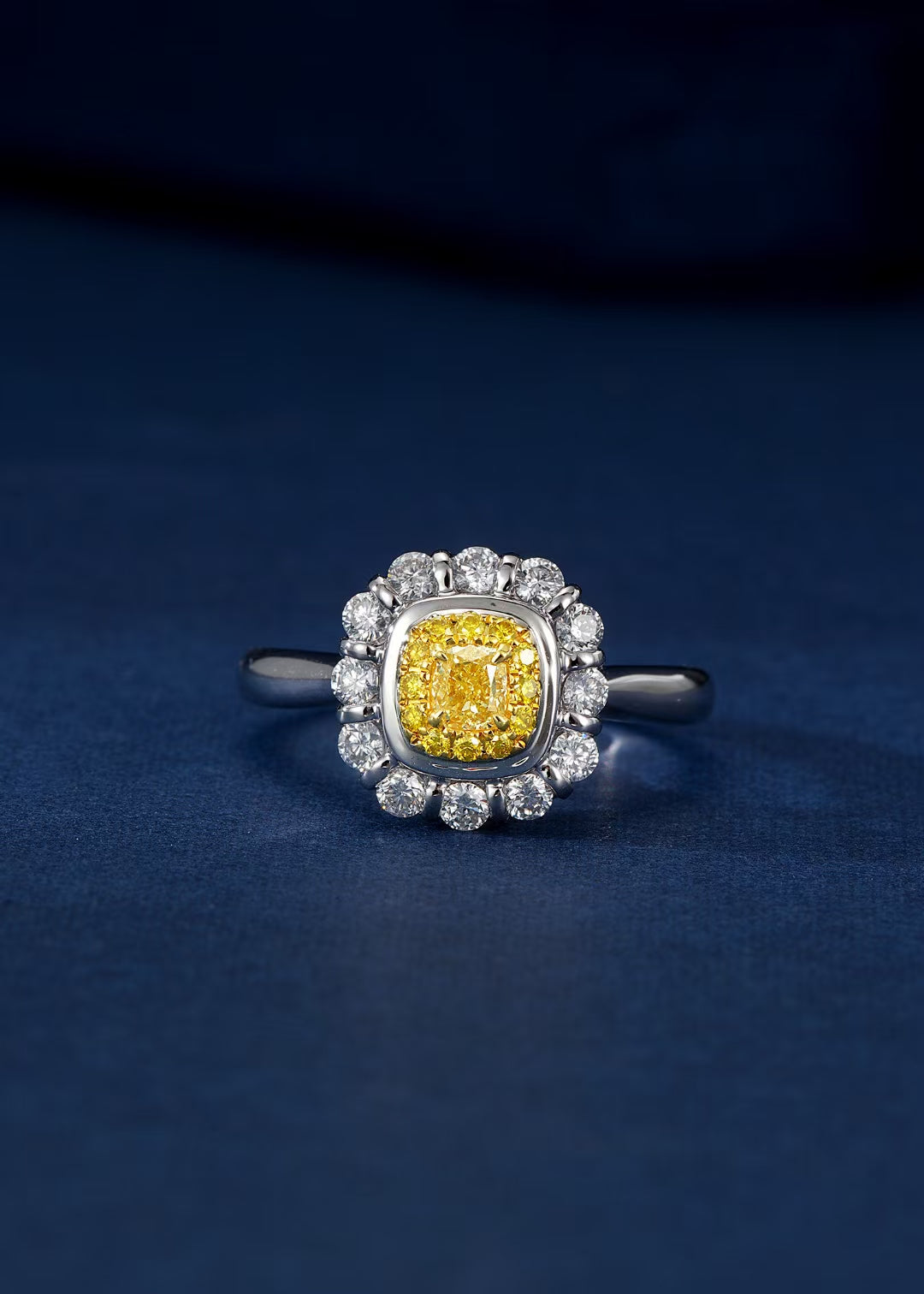Sparkling Diamond Cushion-Shaped Halo Ring - Premium Jewelry - Yellow Diamond Ring