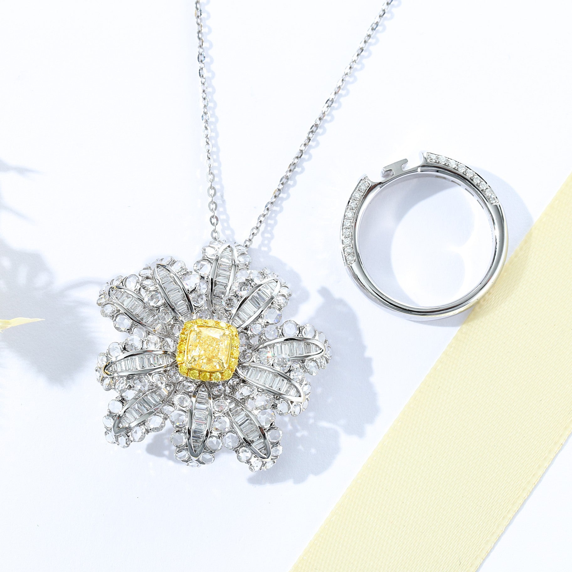 Versatile Rose Gold Diamond Ring/Pendant with Yellow Diamond Center (14#) - Premium Jewelry - Yellow Diamond Ring